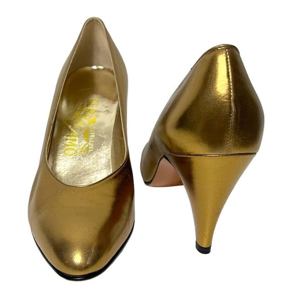 NIB FERRAGAMO Vintage Deadstock Gold Metallic Leather Pumps 7AA - Picture 3 of 12